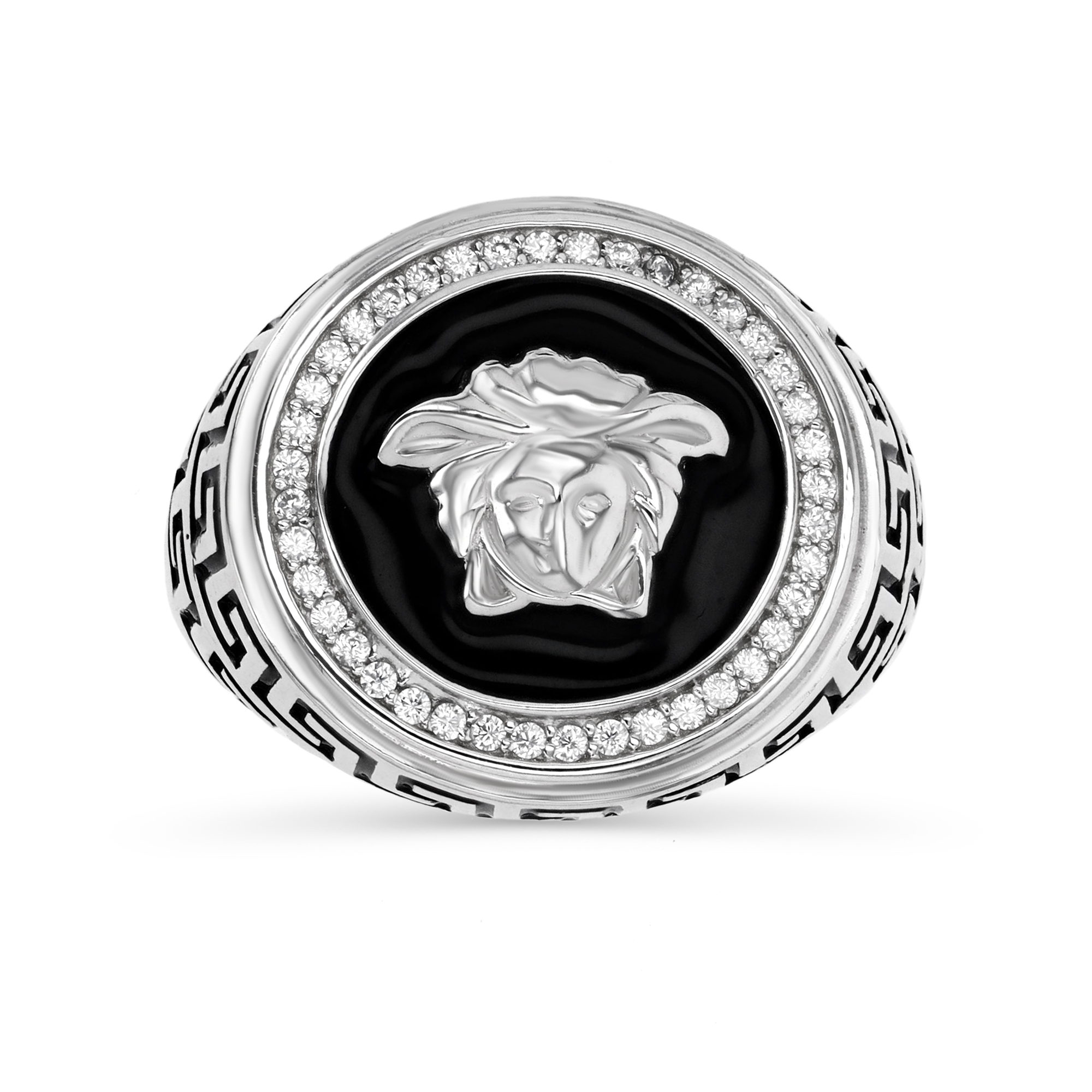 Sterling Silver Rhodium 19mm  Fashion Meduza Head Black Enamel & White CZ Ring
