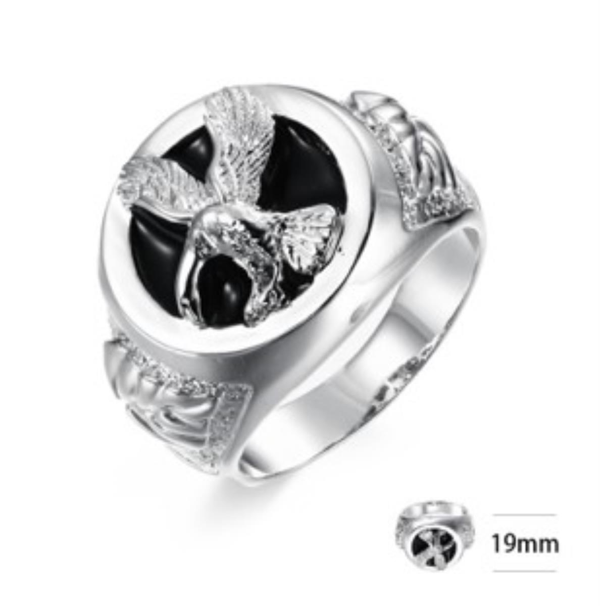 Sterling Silver Rhodium 19MM Fashion Eagle Black Enamel Ring