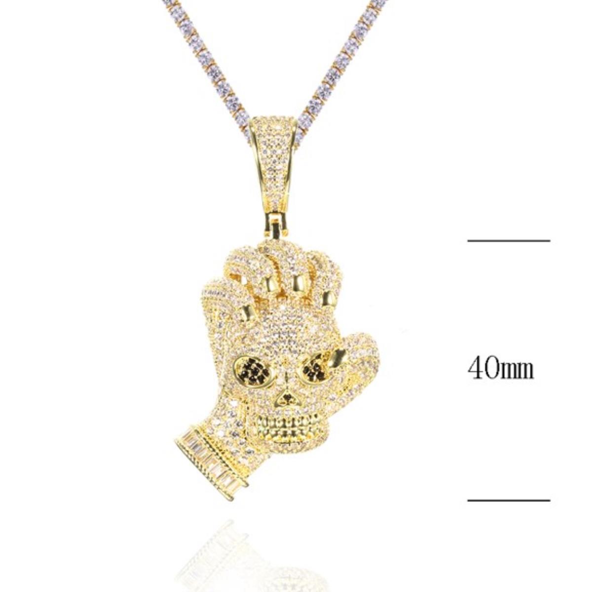 Sterling Silver Yellow 40MM White & Black  CZ Skull on the Hand Pendant