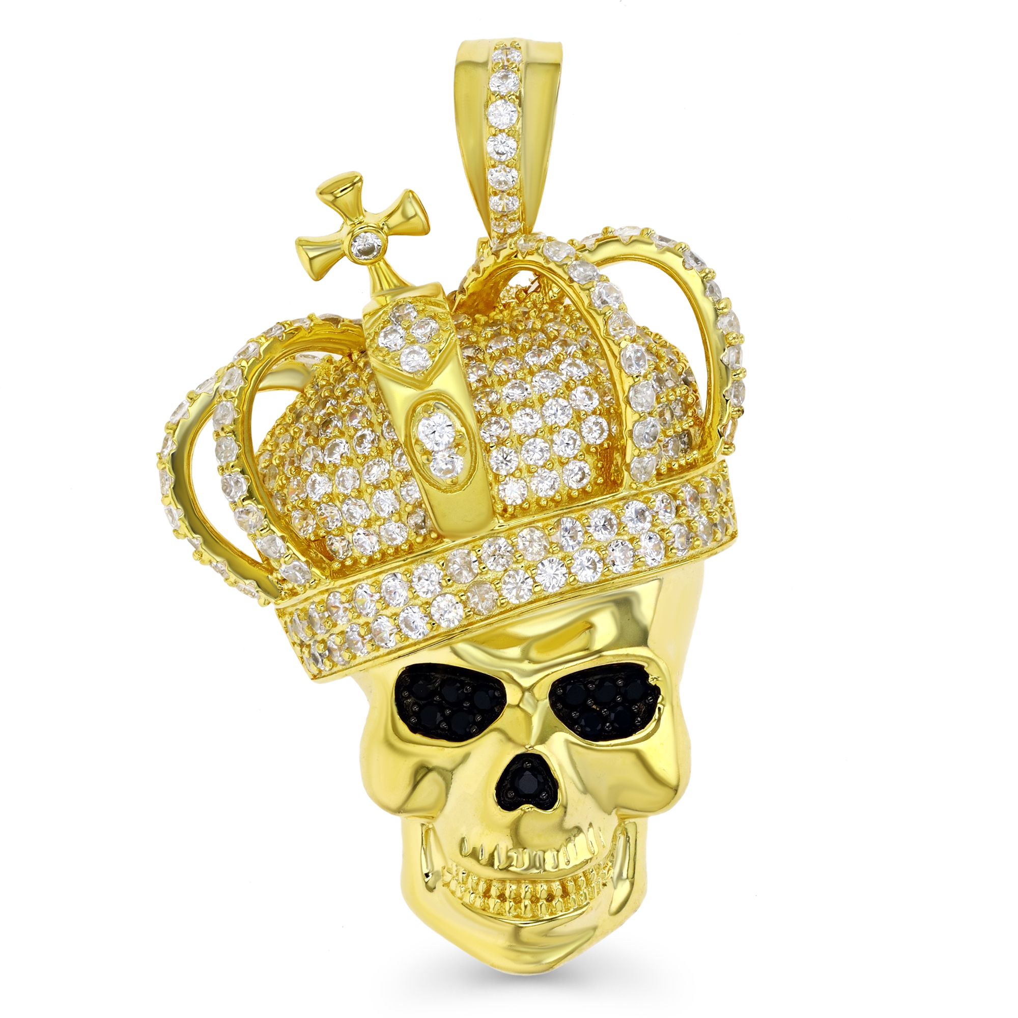 Sterling Silver Yellow & Black 40MM White & Black CZ King Skull With Crown Pendant
