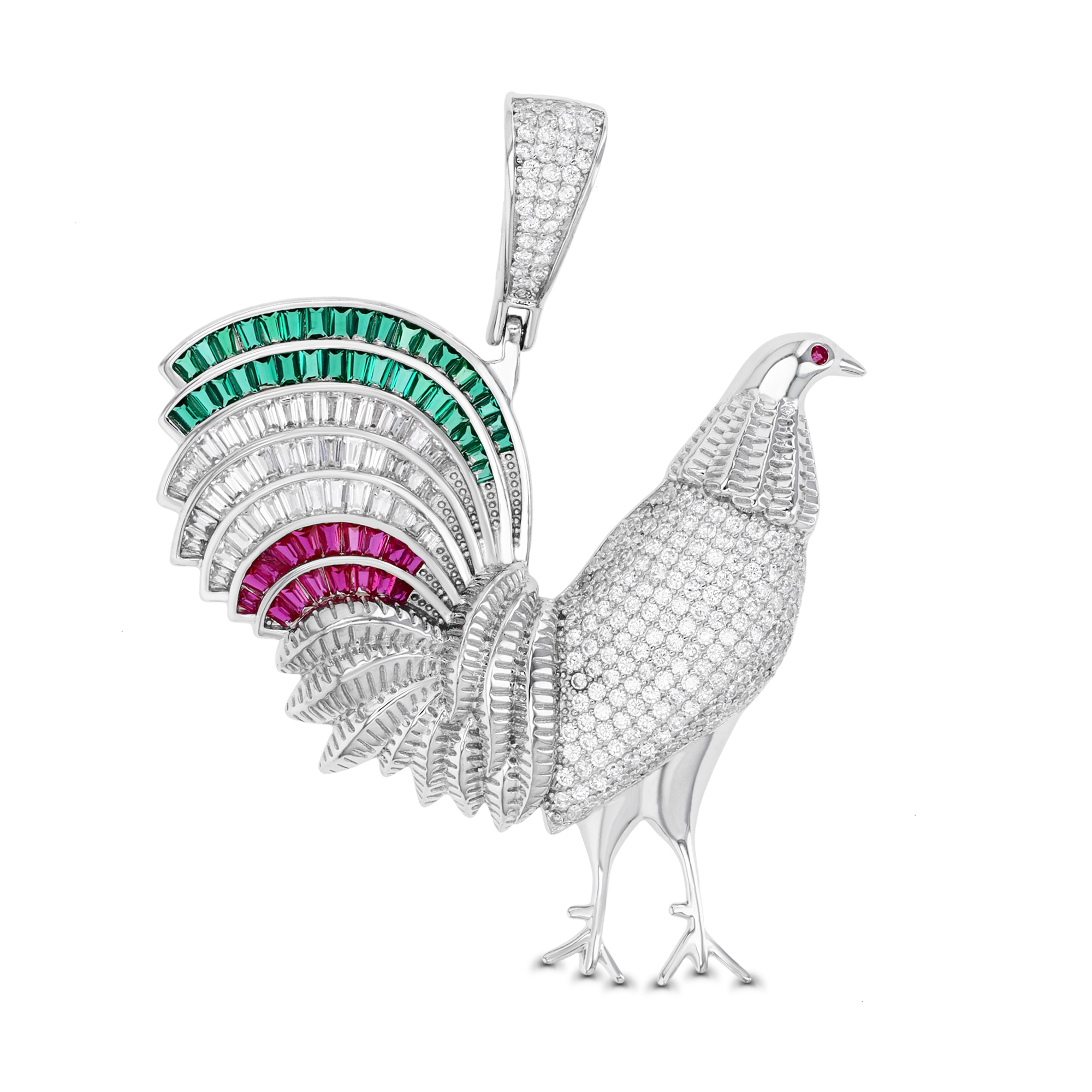Sterling Silver Rhodium 44MM  Multicolor Cock/Hen Pendant