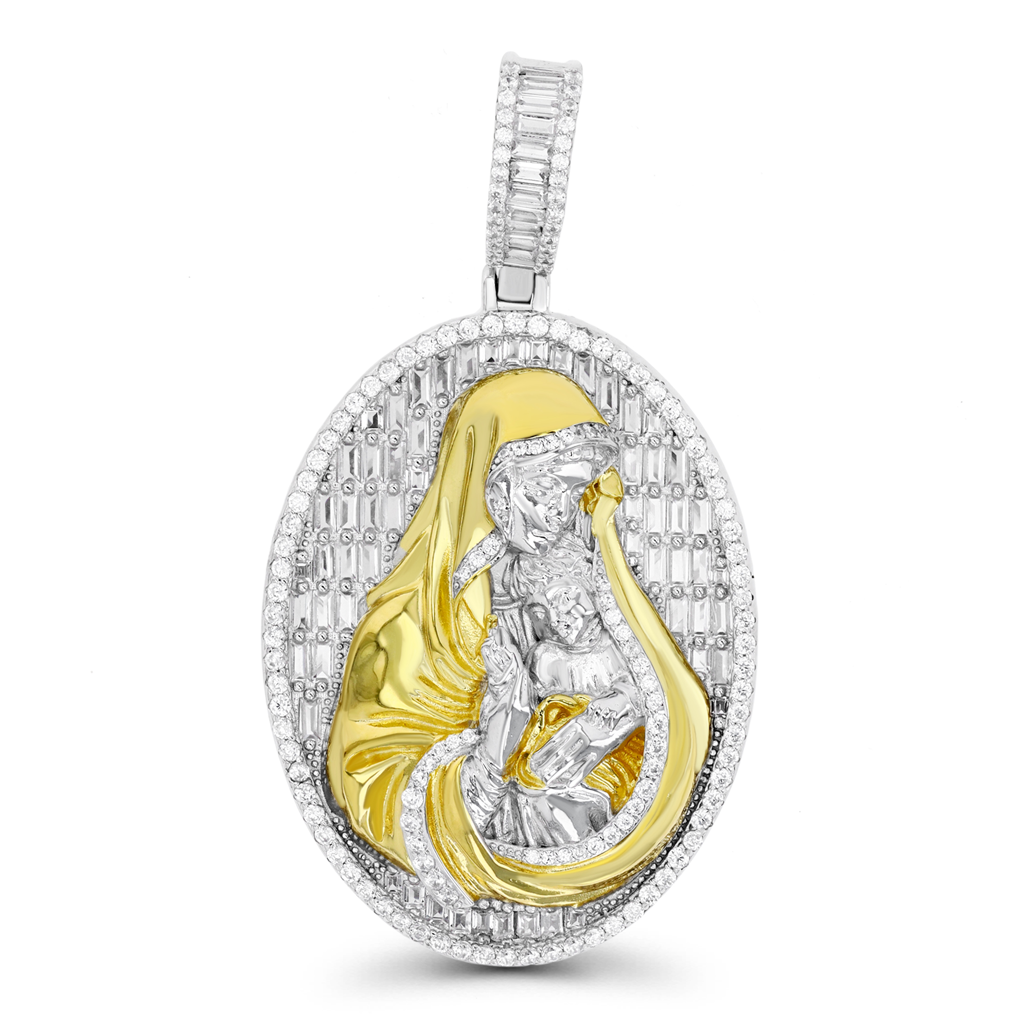 Sterling Silver Yellow & White 46MM  White CZ Virgin Mary Pendant