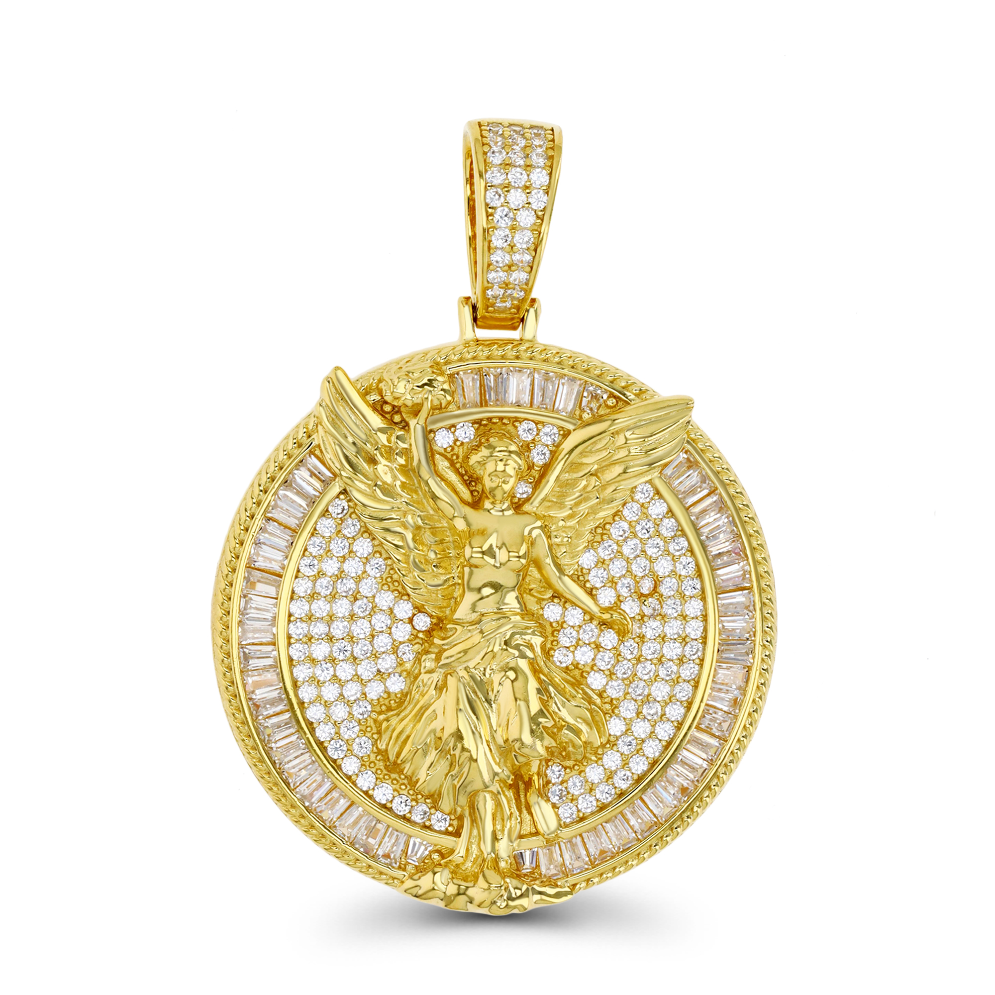 Sterling Silver Yellow 35MM Angel White CZ Pendant