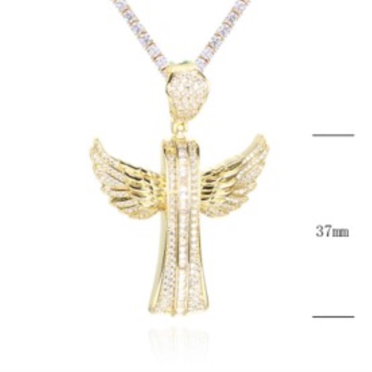 Sterling Silver Yellow 37MM Angel White CZ Pendant
