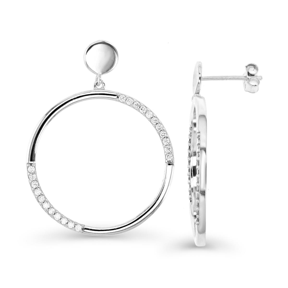 Sterling Silver Rhodium 33MM Dangling Hoop White CZ Pave Earring