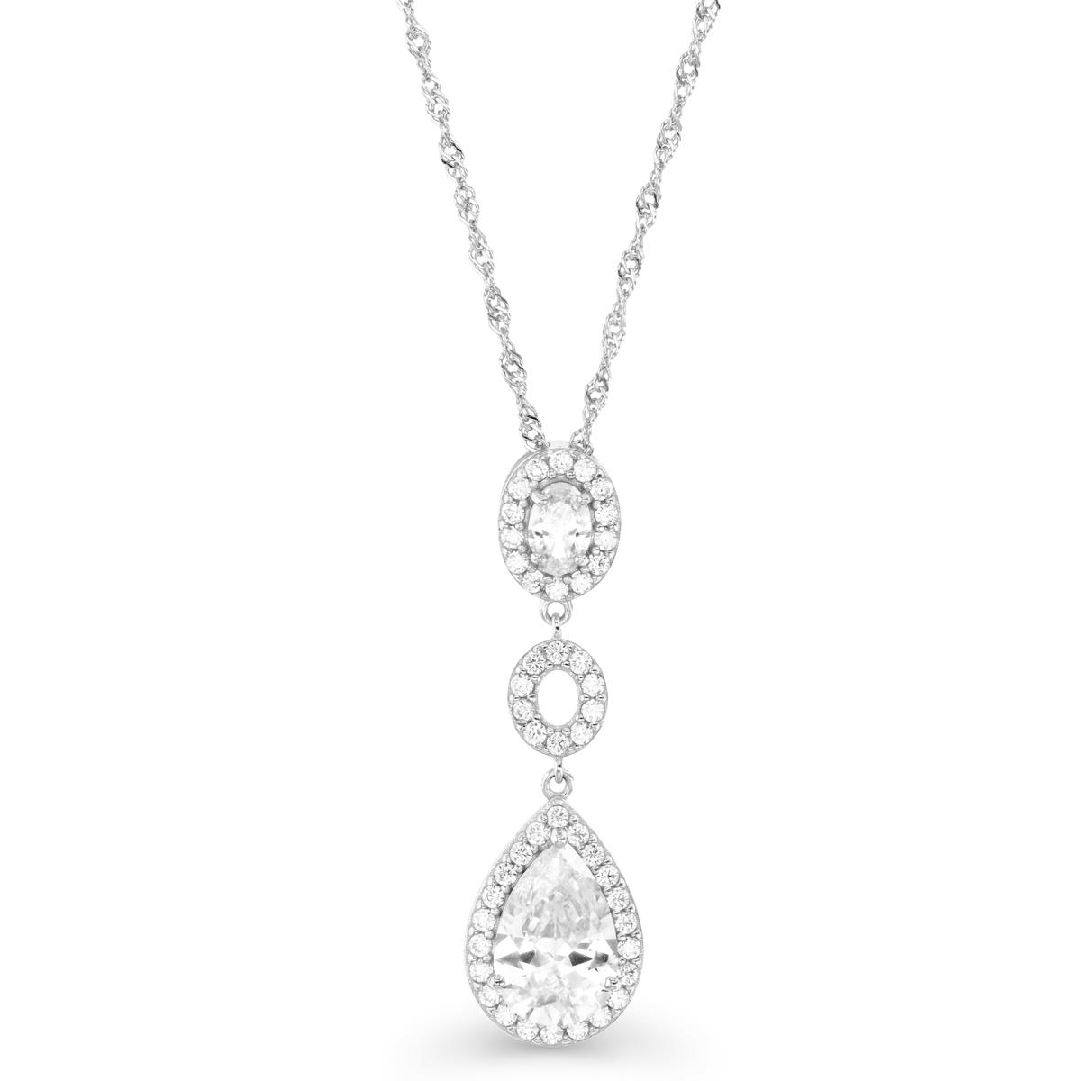 Sterling Silver Rhodium 40X11.5MM Dangling Pear White CZ Singapore 18+2"Necklace