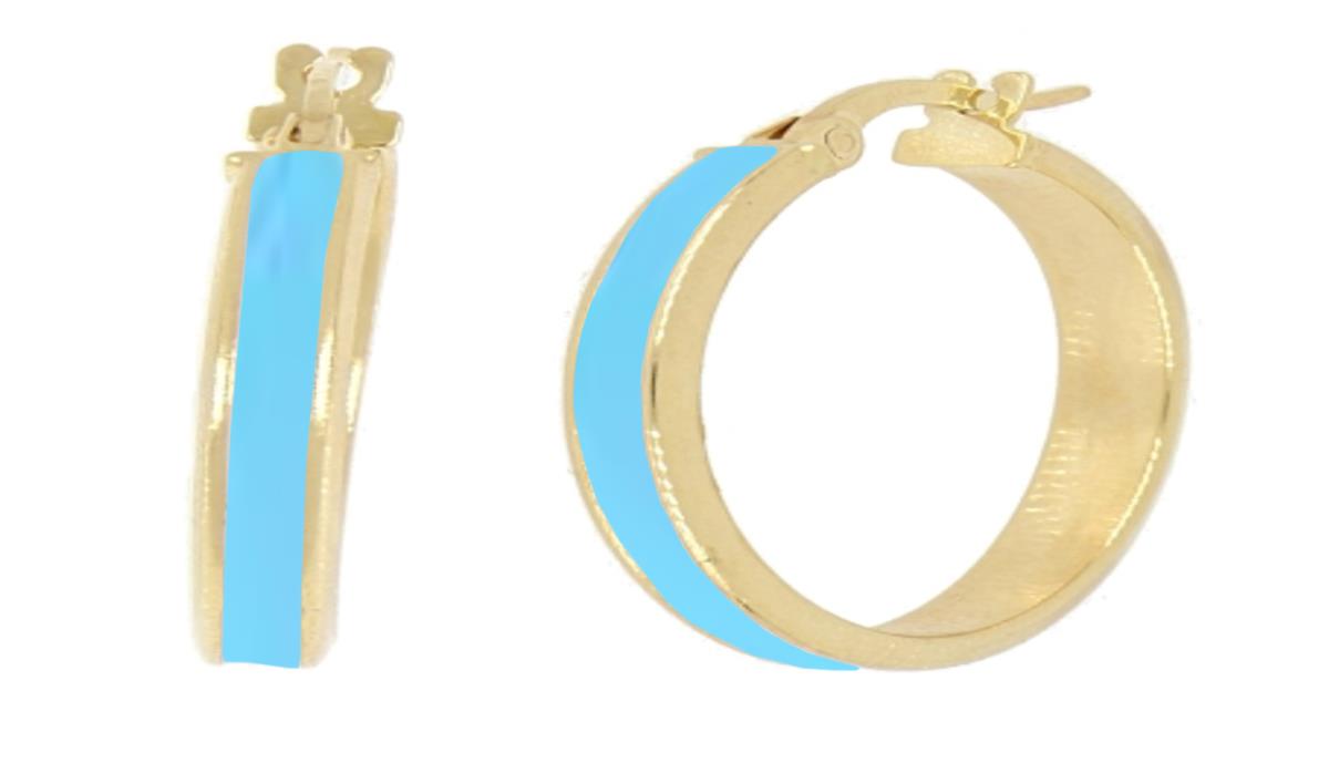 14K Yellow Gold Tiffany Blue Enamel 15x3mm Hoop Earring