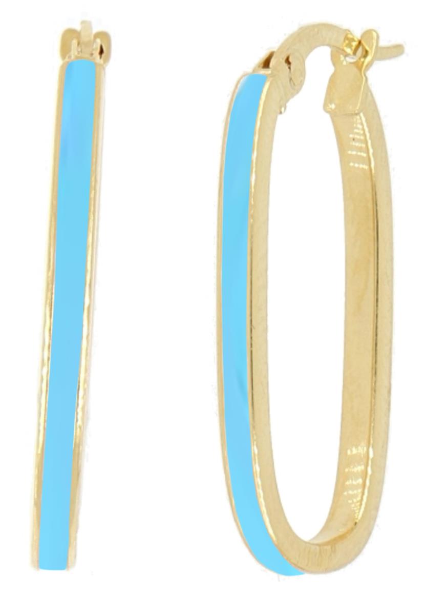 14K Yellow Gold Tiffany Blue Enamel Oval 28x2mm Hoop Earring
