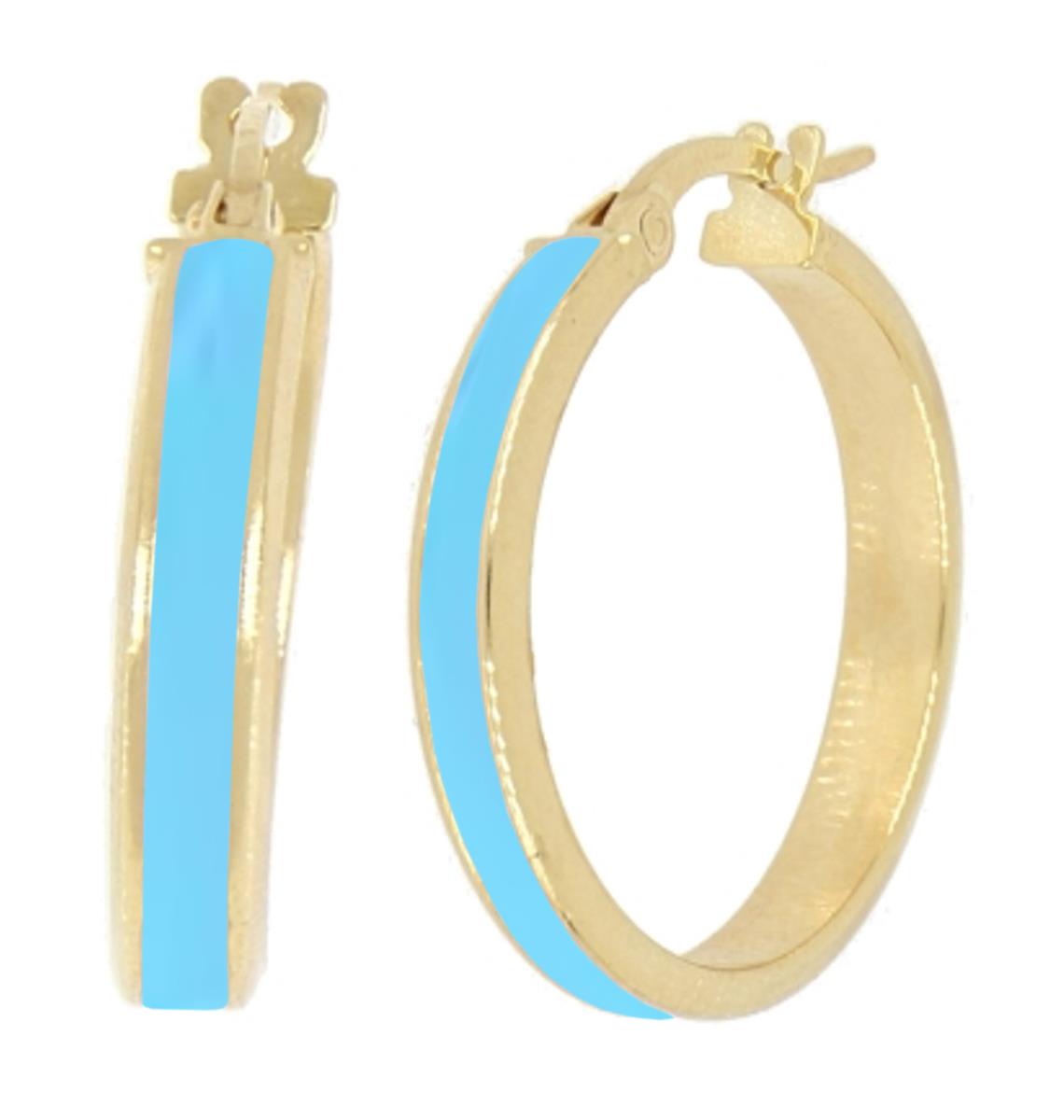 10K Yellow Gold Tiffany Blue Enamel 15x4mm Hoop Earring