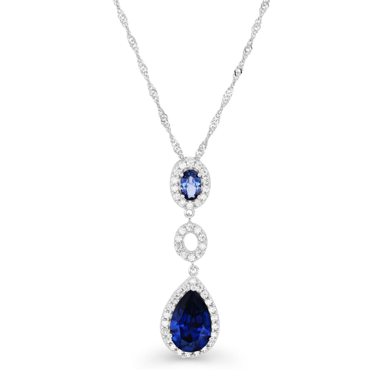 Sterling Silver Rhodium  40X11.5MM Dangling Pear Blue Created & White CZ Singapore 18+2"Necklace