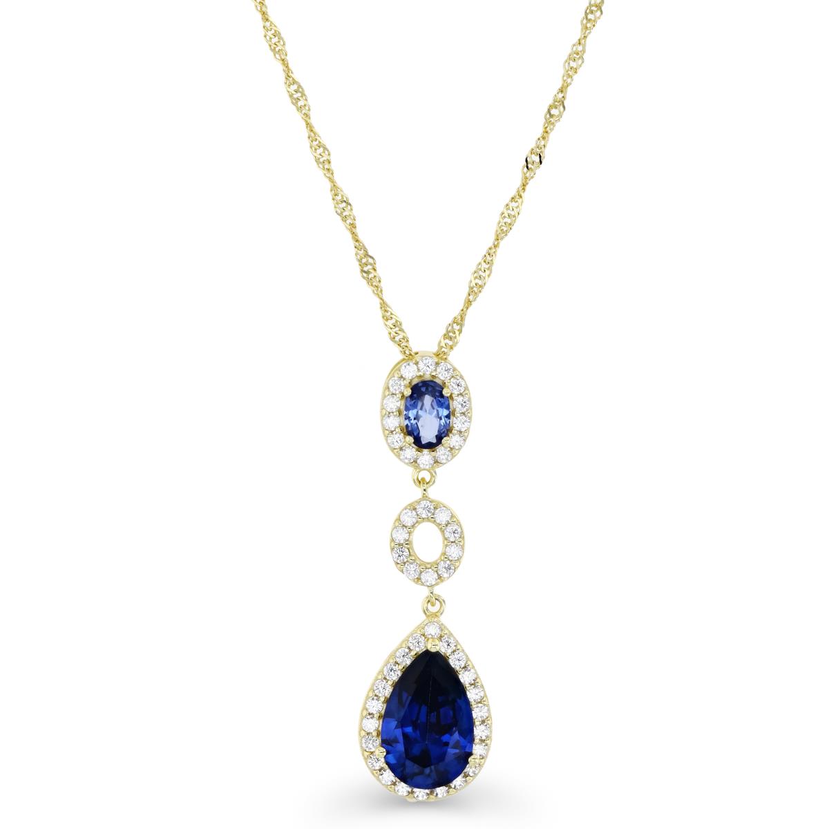 Sterling Silver Yellow 1 Micron 40X11.5MM Dangling Pear Blue Created  & White CZ Singapore 18+2"Necklace