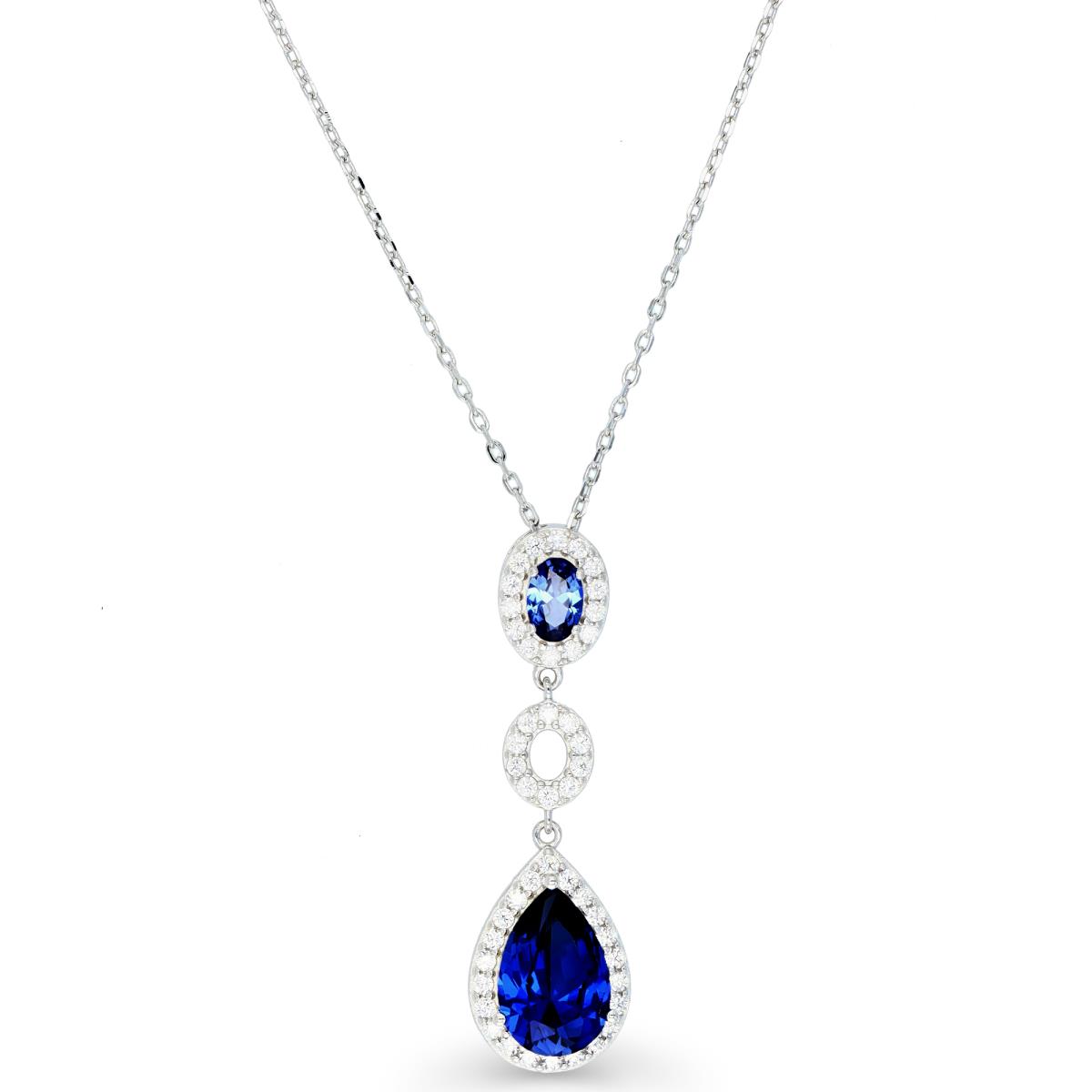 Sterling Silver Rhodium 40X11.5MM Dangling Pear Blue & White CZ Cable 16+2"Necklace