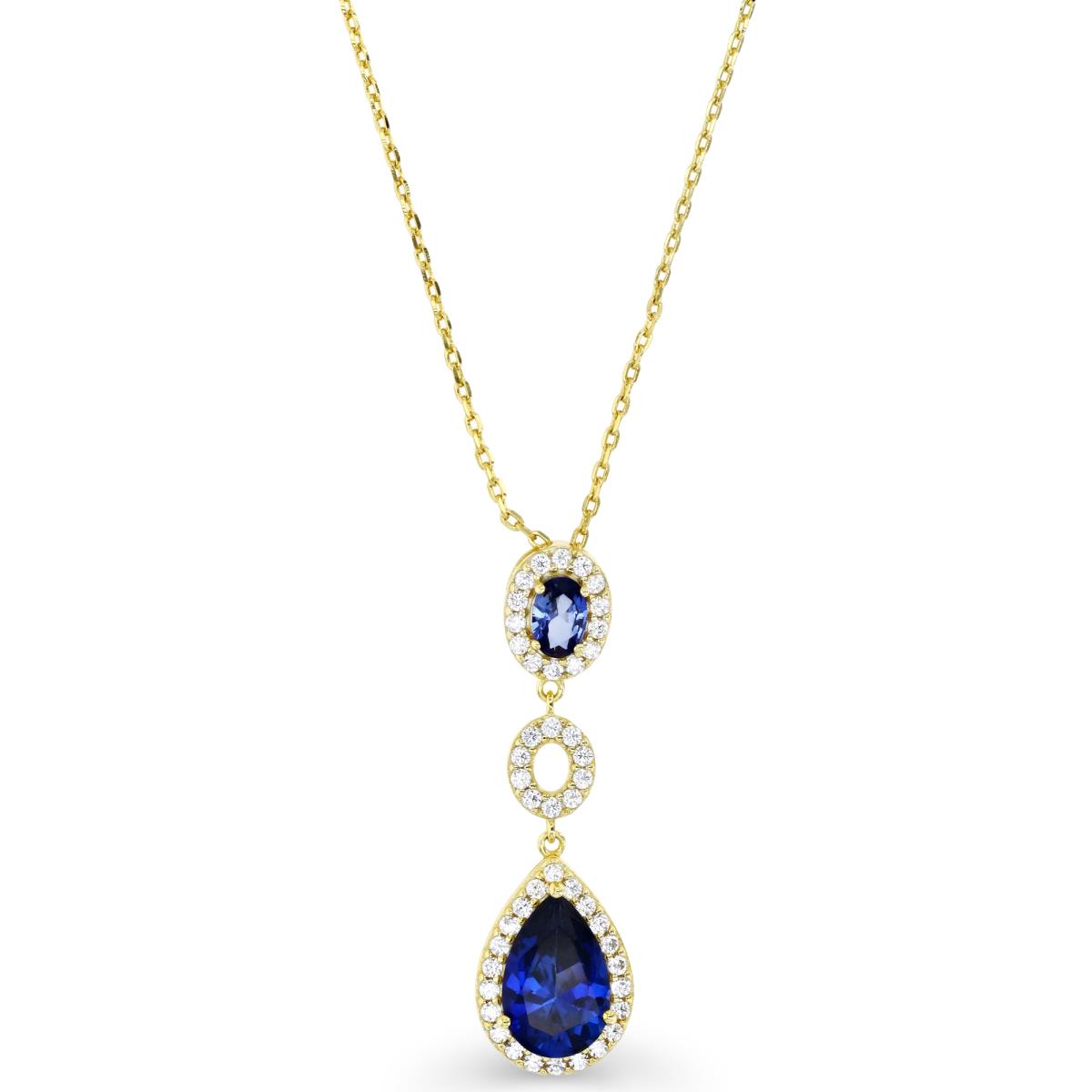 Sterling Silver Yellow 1 Micron  40X11.5MM Dangling Pear Blue  & White CZ Cable 16+2"Necklace
