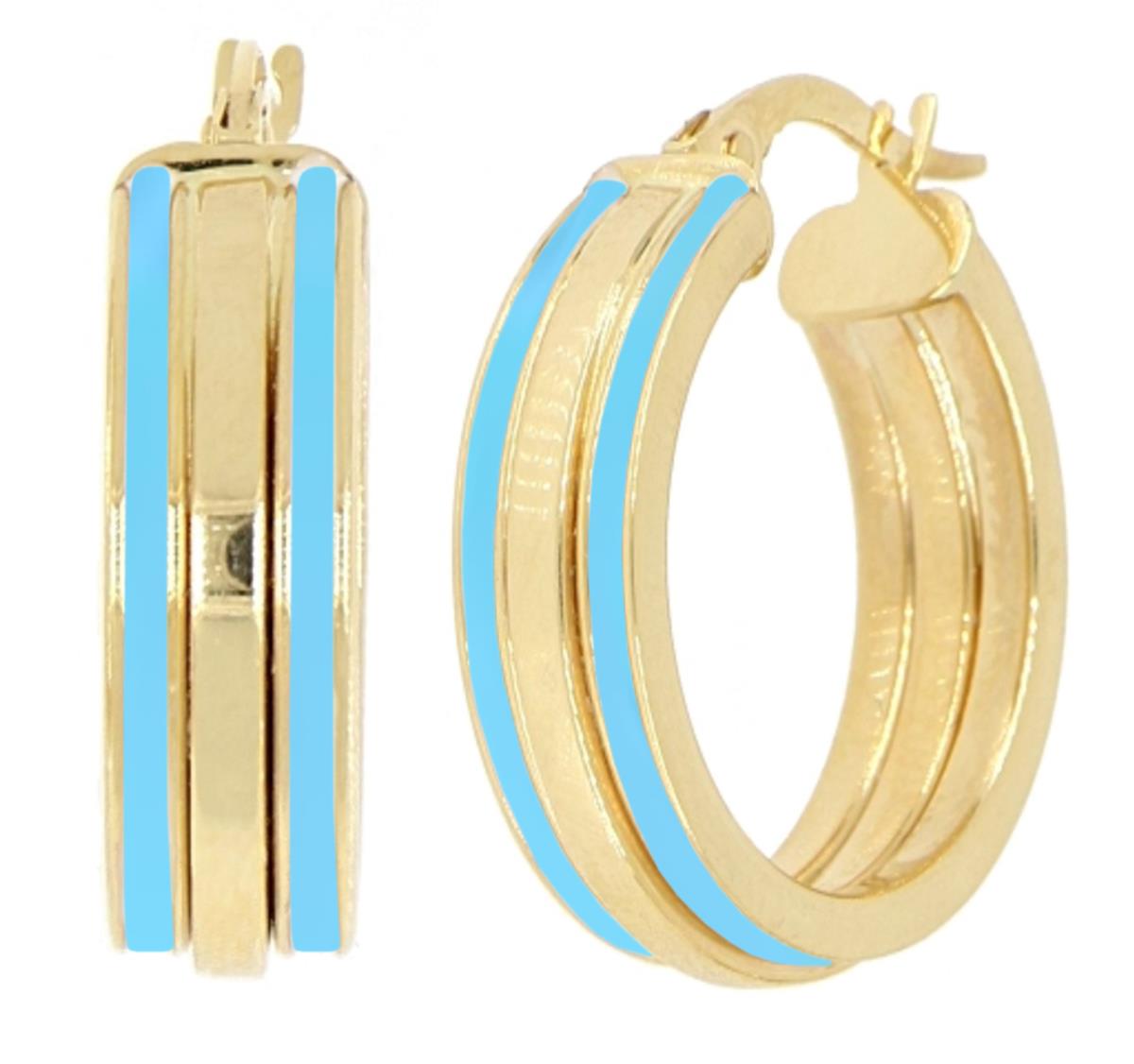14K Yellow Gold Tiffany Blue Enamel 21x7mm Triple Hoop Earring