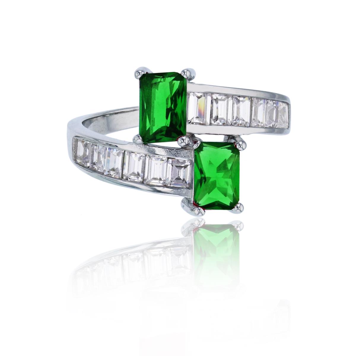Sterling Silver Rhodium Double 6x4mm Green Glass & White CZ Graduated Baguette Sides Fashion Ring