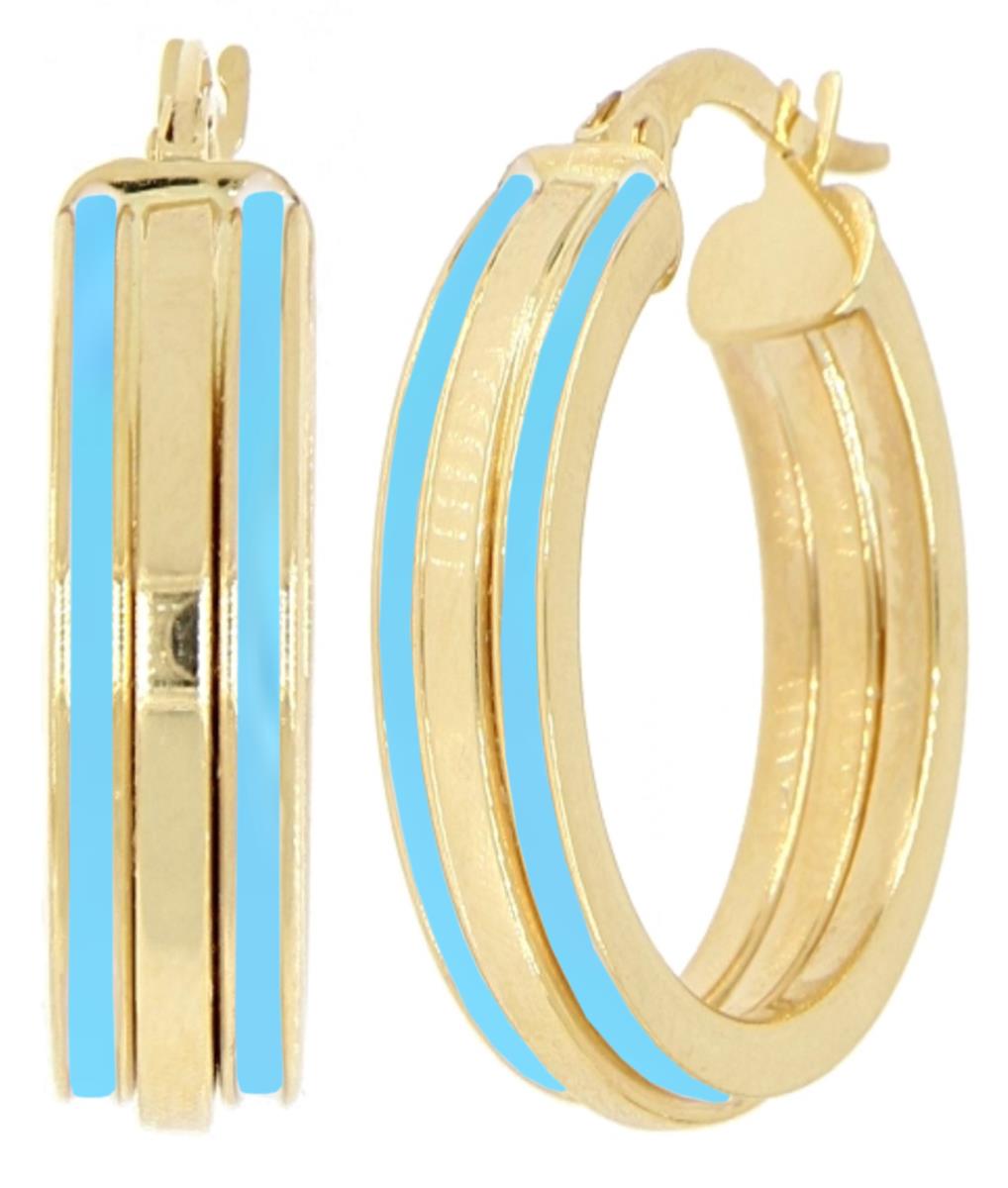 10K Yellow Gold Tiffany Blue Enamel 22x7mm Triple Hoop Earring