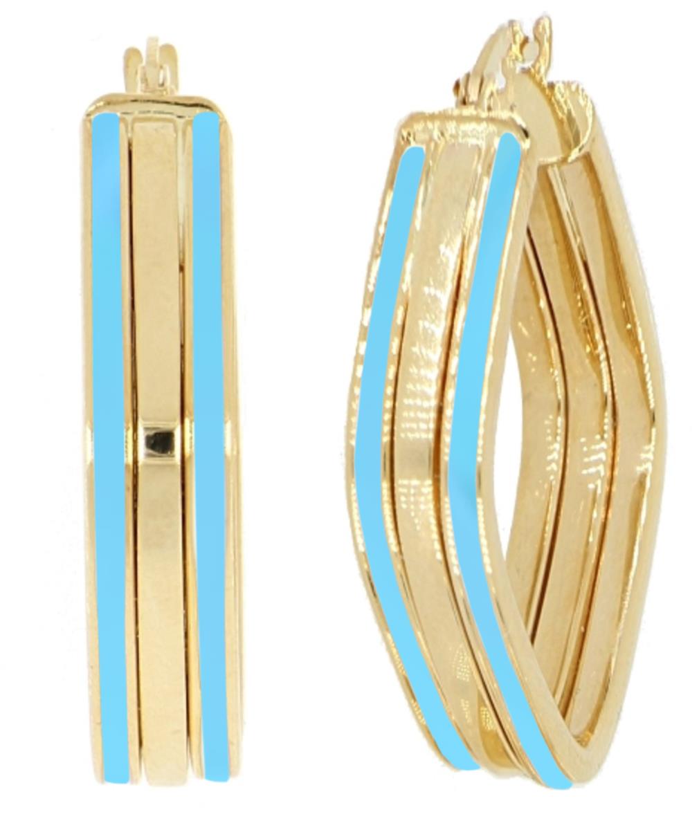 14K Yellow Gold Tiffany Blue Enamel 28x6mm Squared Hoop Earring