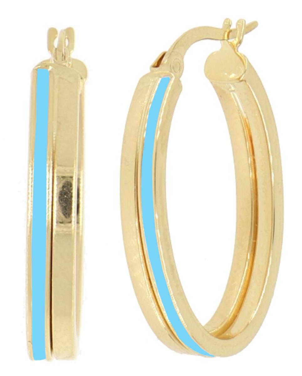 14K Yellow Gold Tiffany Blue Enamel 26x5mm Oval Hoop Earring