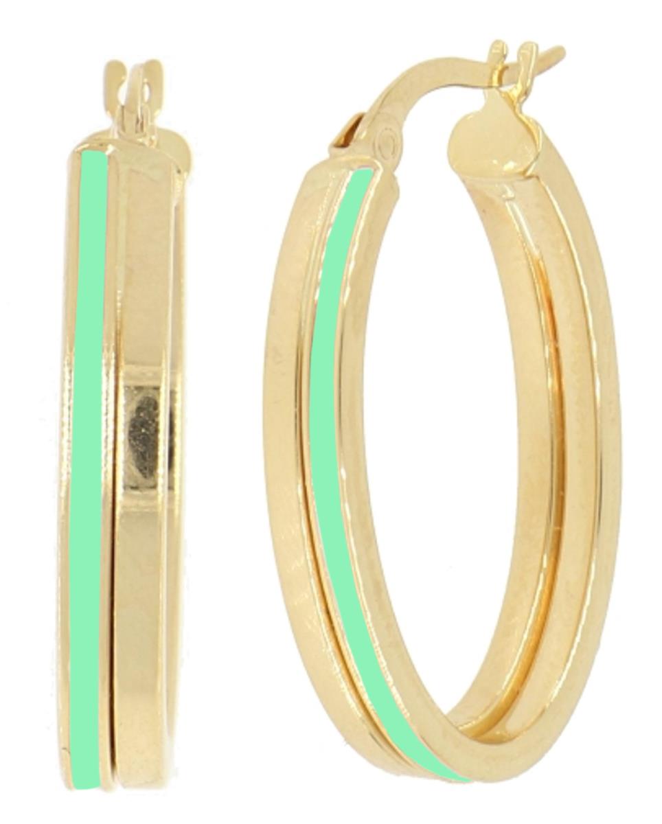 14K Yellow Gold Seafoam Green Enamel 26x5mm Oval Hoop Earring