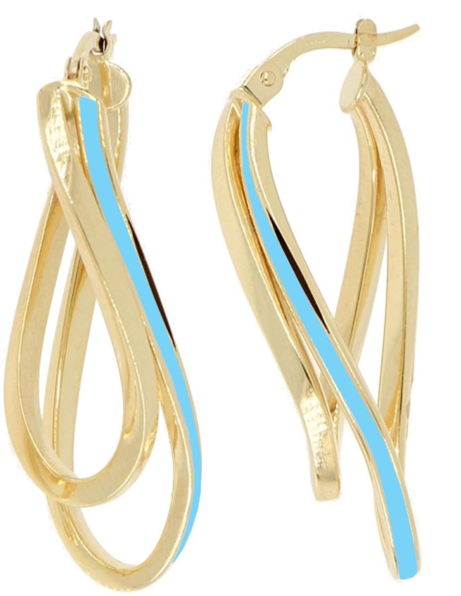 14K Yellow Gold Tiffany Blue Enamel Twist Double 35x4mm Hoop Earring