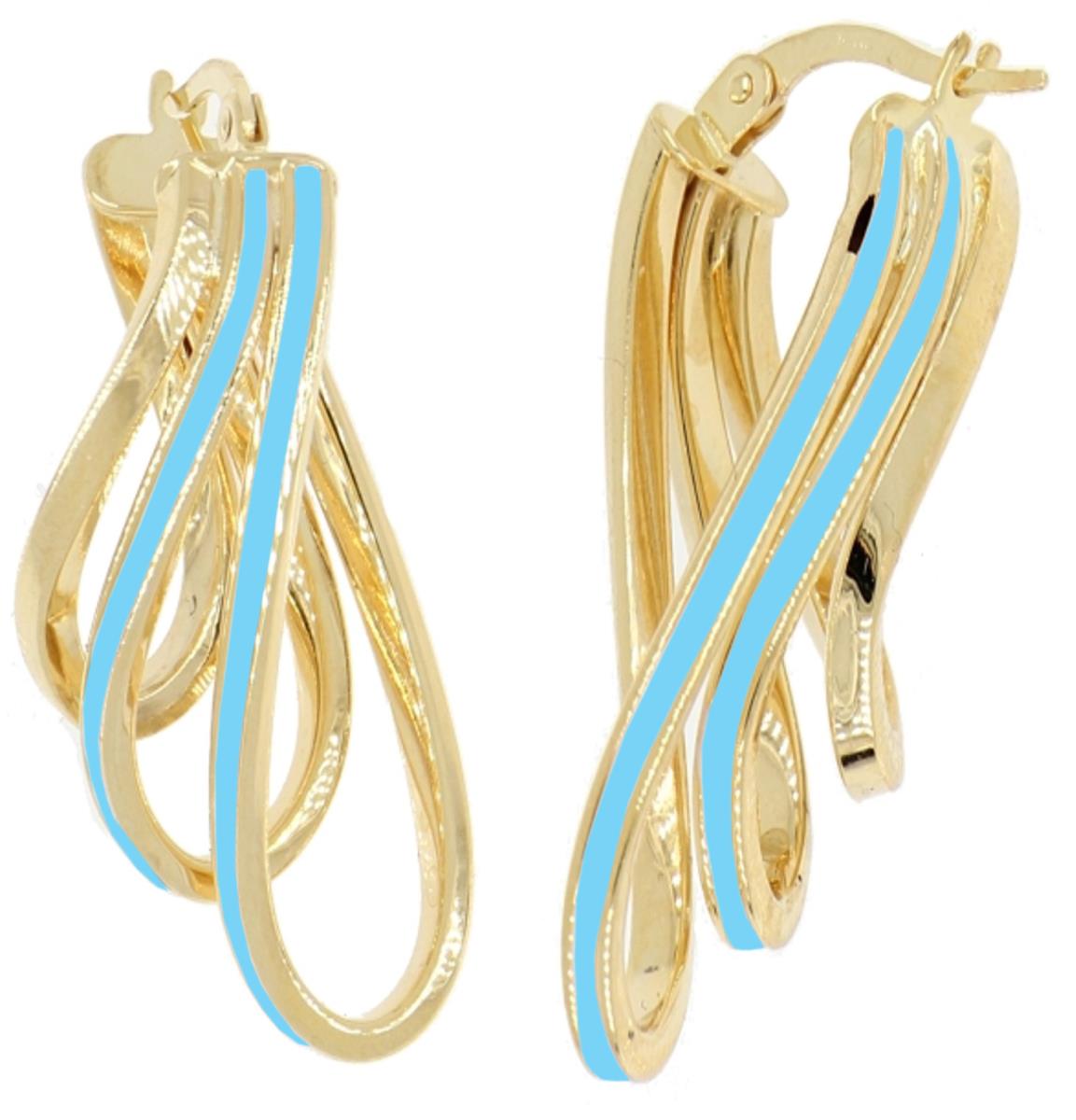 14K Yellow Gold Tiffany Blue Enamel Triple Hoop Earring