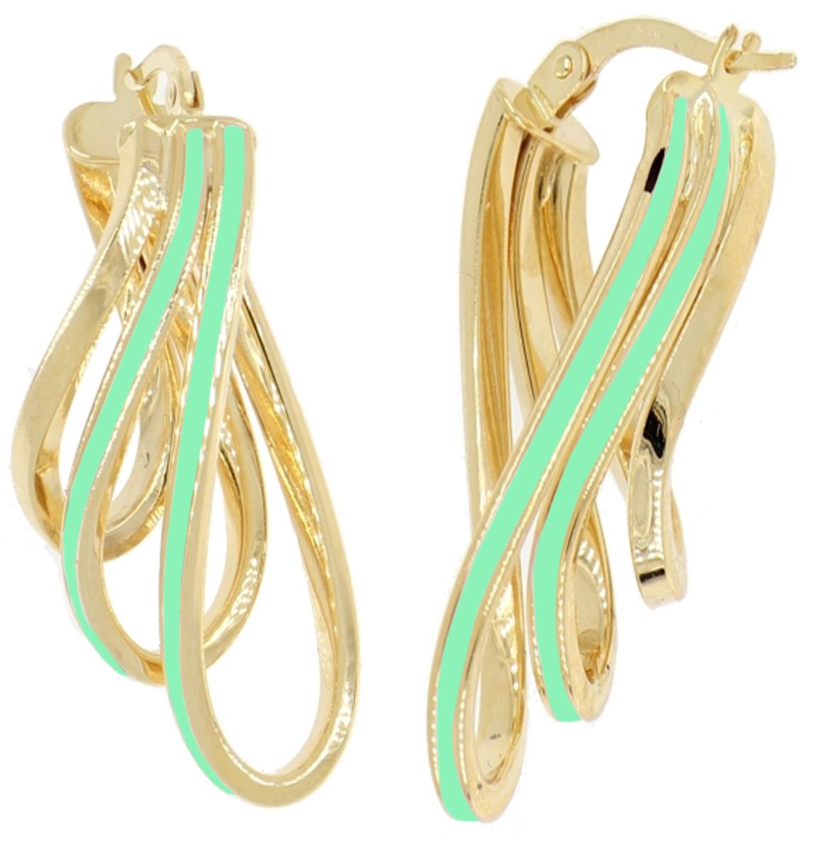 14K Yellow Gold Seafoam Green Enamel Triple Hoop Earring