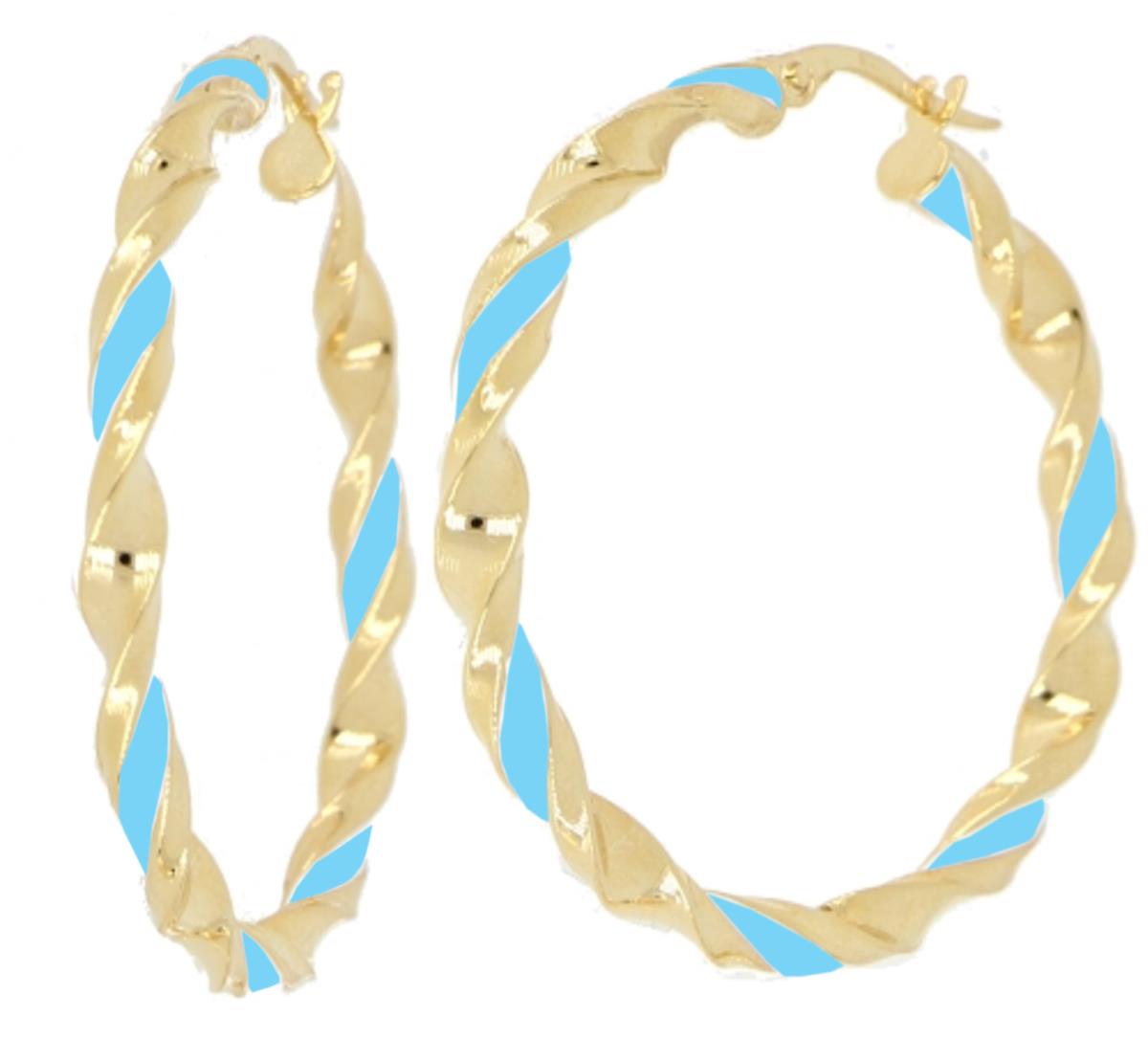 14K Yellow Gold Tiffany Blue Enamel Twist 23x3mm Hoop Earring