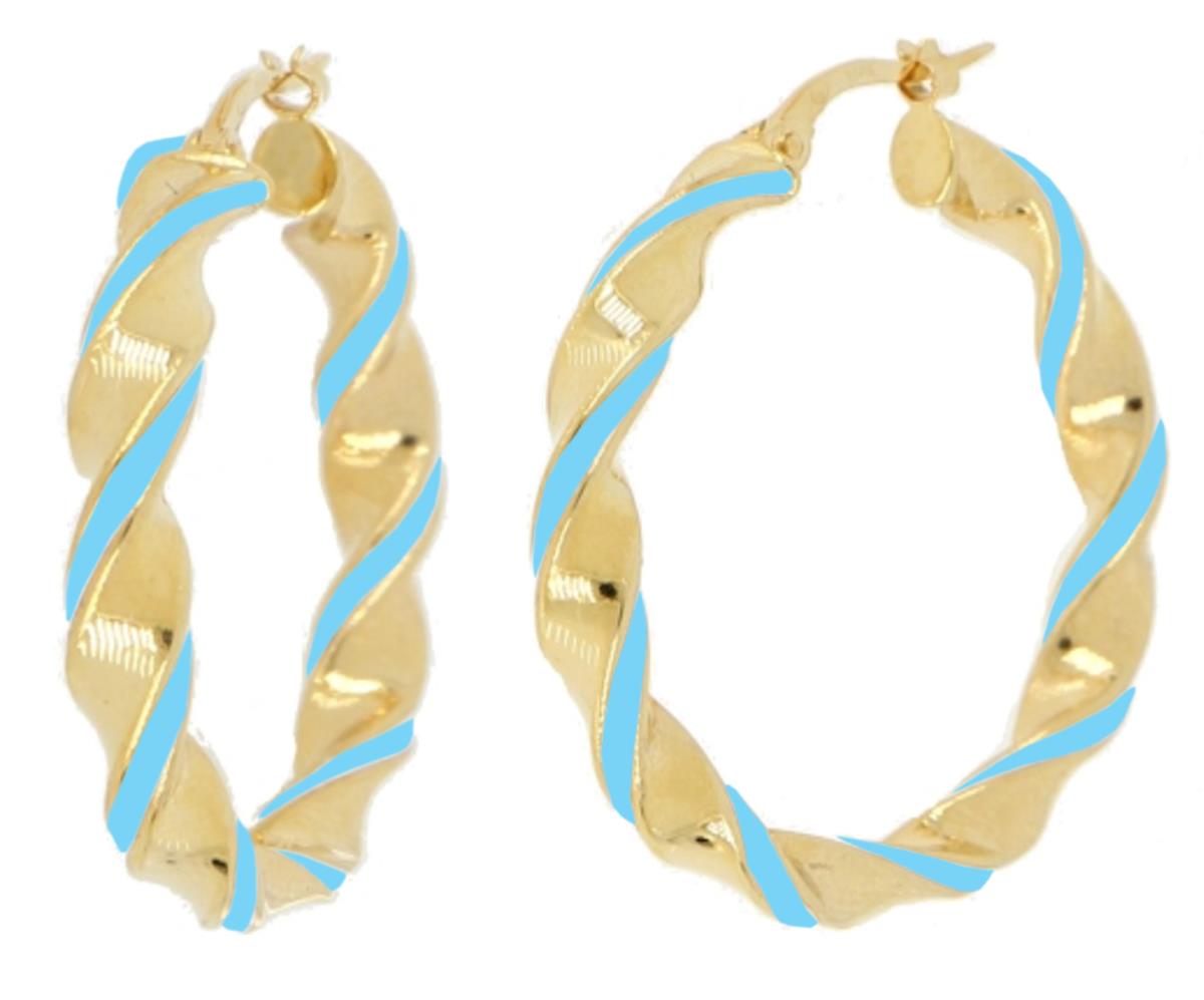 14K Yellow Gold Tiffany Blue Enamel Twisted 30x4mm Hoop Earring