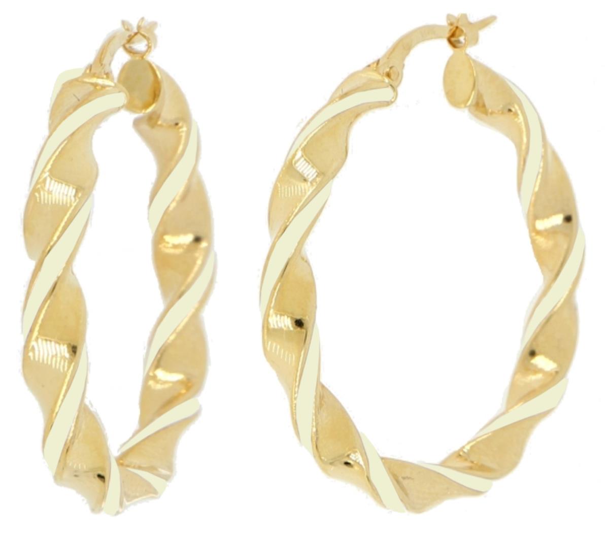 10K Yellow Gold White Enamel Twisted 35x4mm Hoop Earring