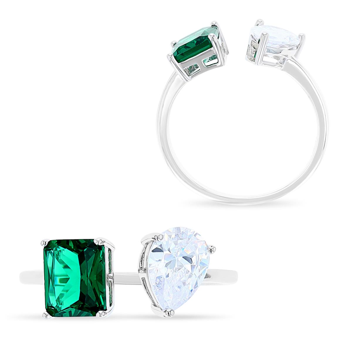Sterling Silver Rhodium 9MM Two Stone Green GL Emerald Cut & Pear White CZ Ring