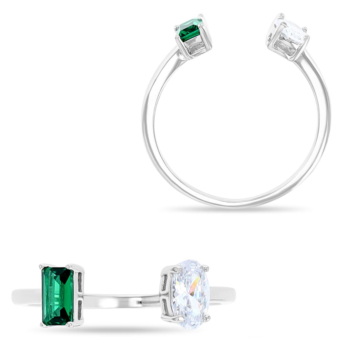 Sterling Silver Rhodium 6MM Two Stone Green GL Emerald Cut & Oval White CZ Ring