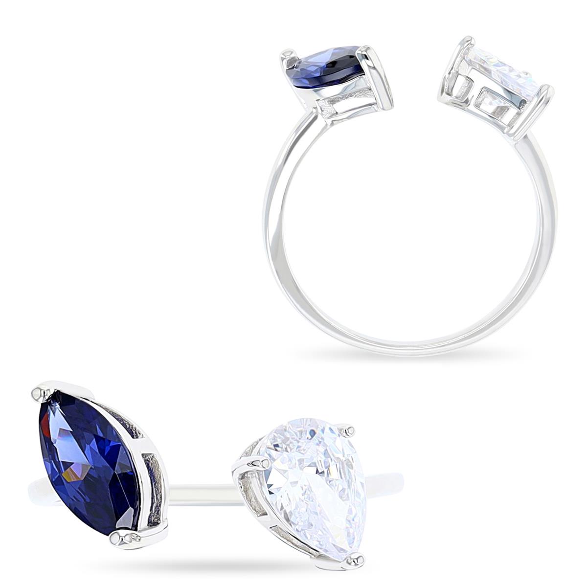 Sterling Silver Rhodium 11MM Fashion Open Polished Tanzanite Gl Marquise & Pear White CZ  Ring