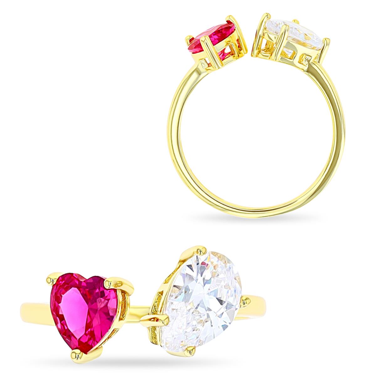 Sterling Silver Yellow 1 Micron 10MM Fashion Open Polished #3 Ruby Heart & Pear White CZ  Ring