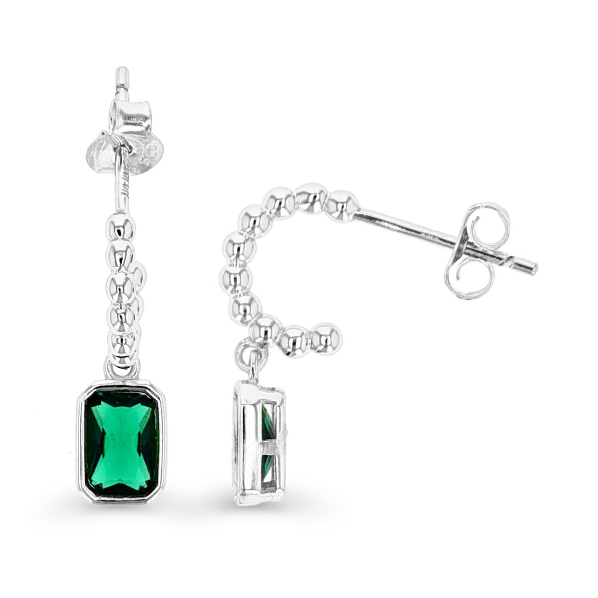 Sterling Silver Rhodium 18X5MM Emerald Cut Solitaire Green CZ Dangling Earring