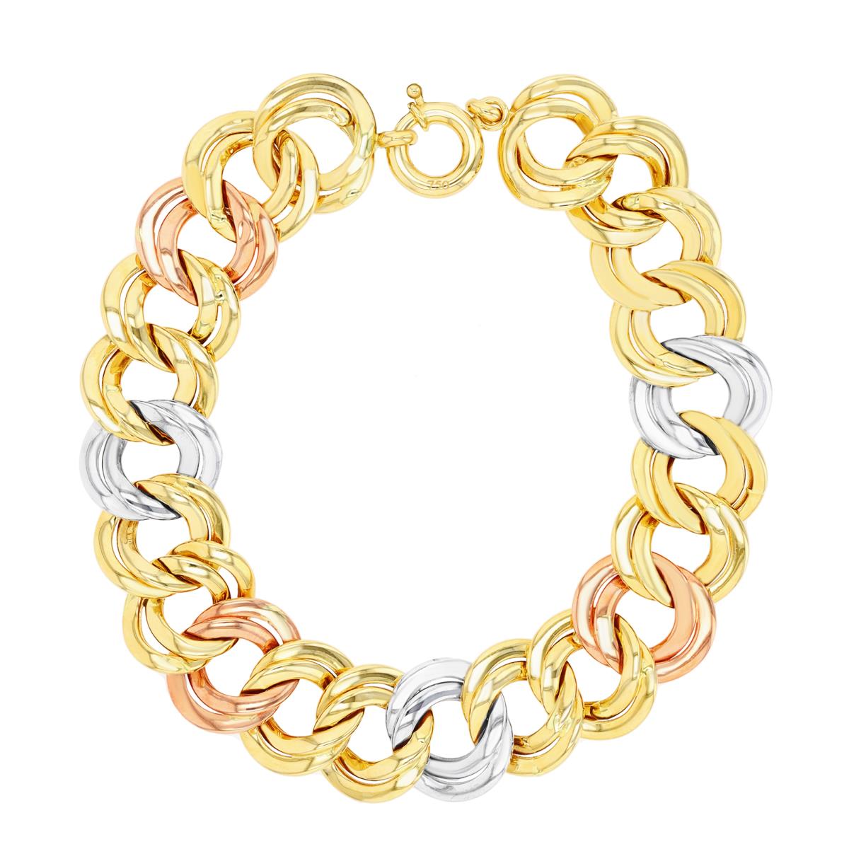 14K Tri-Color Gold 15mm Hollow Double Curb 7.25" Chain Bracelet
