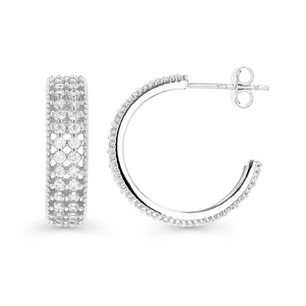 Sterling Silver Rhodium 20X5MM Pave White CZ Open Hoop Earring