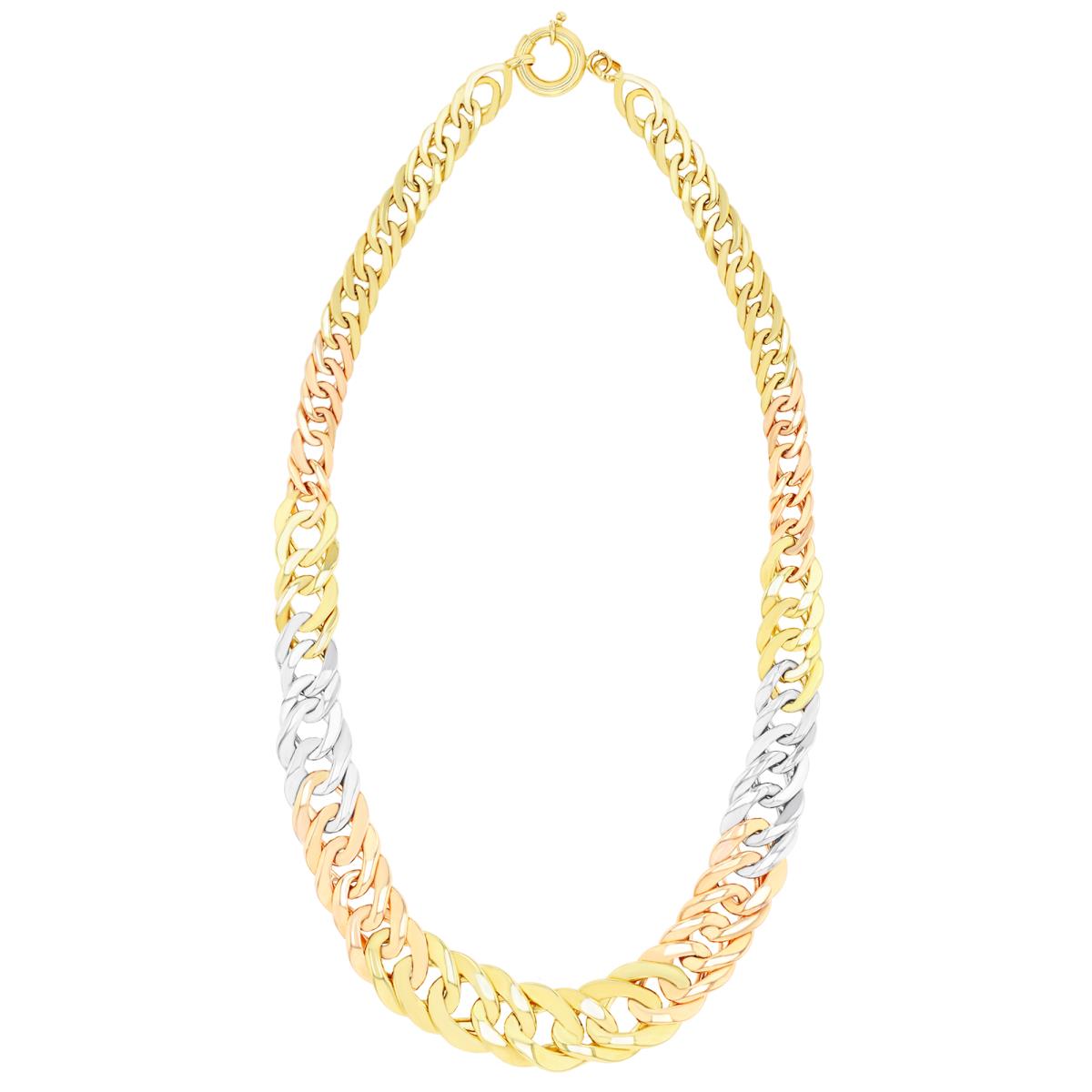 14K Tri-Color Gold 6.5mm-13mm Graduated Hollow Curb 17.5" Chain Necklace