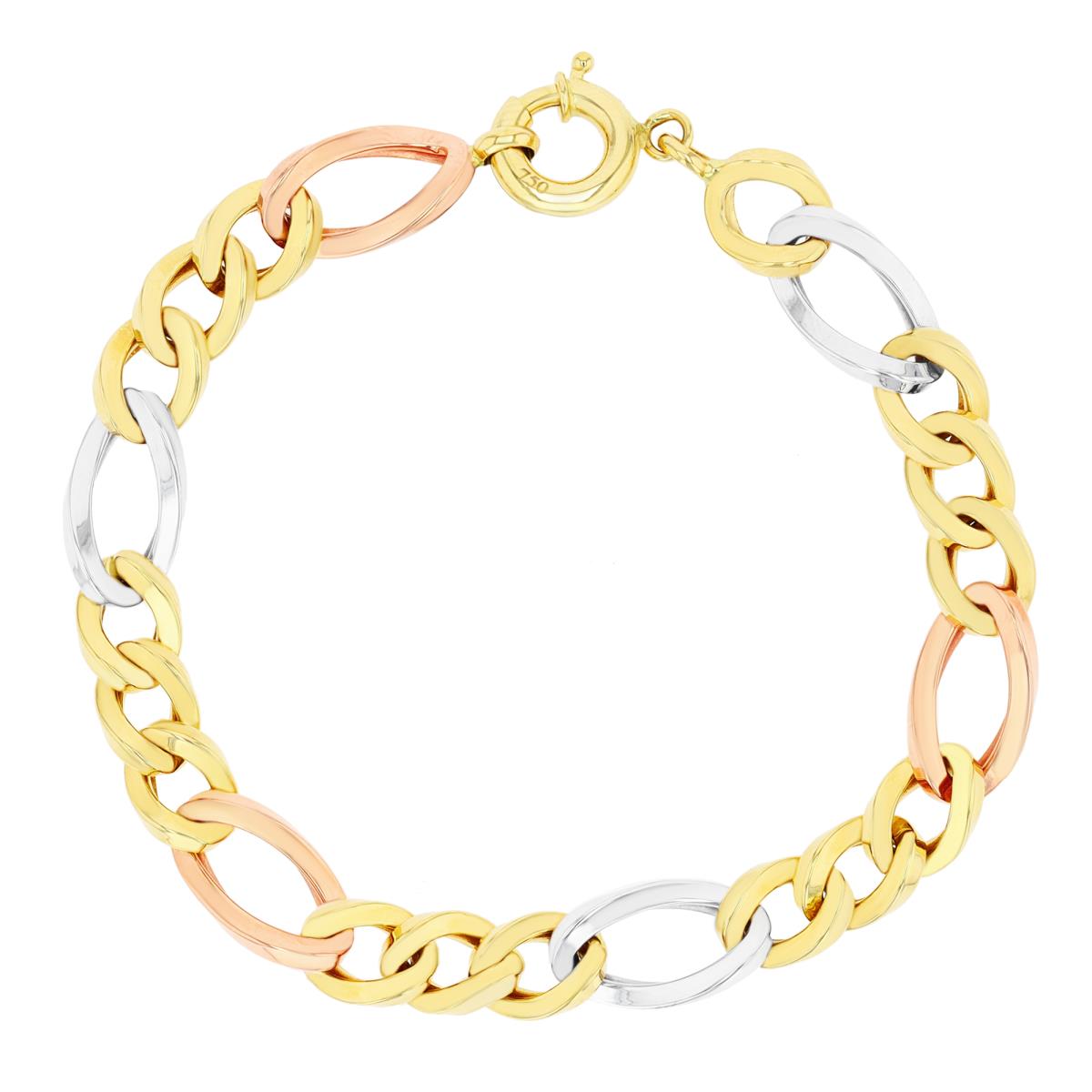 14K Tri-Color Gold Hollow Figaro 7.25" Chain Bracelet 