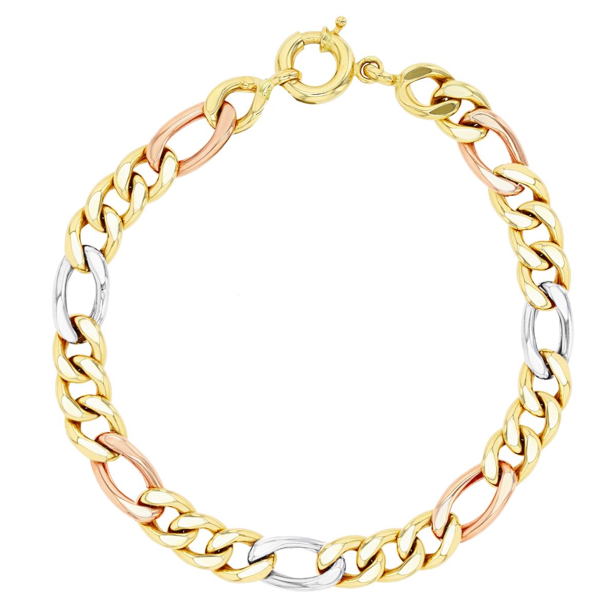 14K Tri-Color Gold Hollow Figaro 7" Chain Bracelet