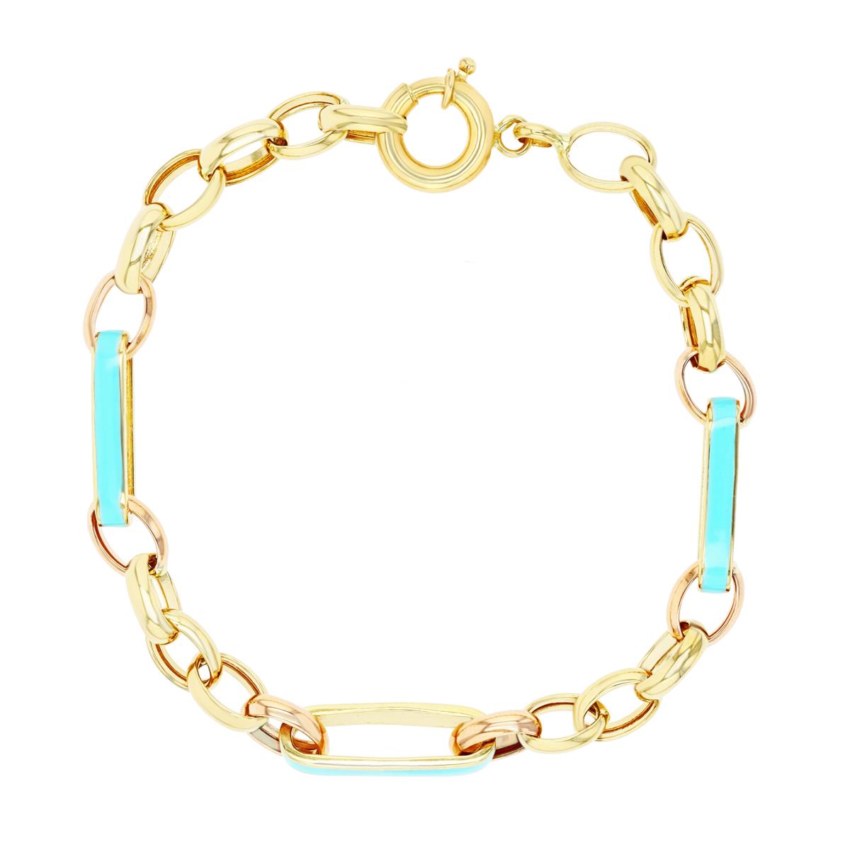 14K Yellow Gold Turquoise Enamel Oval Links 7" Chain Bracelet