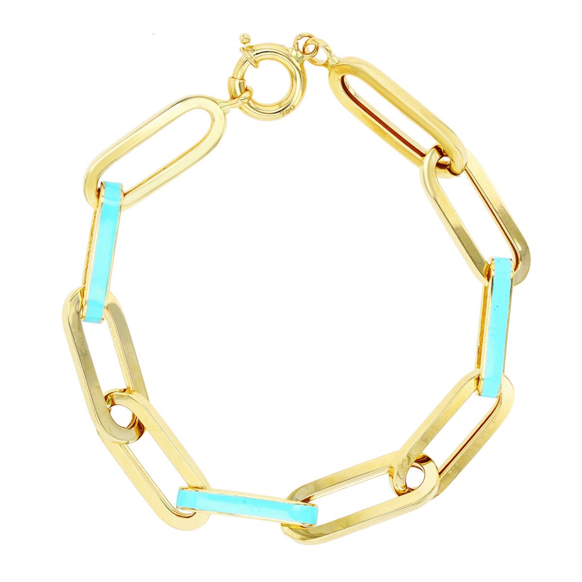 14K Yellow Gold Turquoise Enamel Paperclip 7.5" Chain Bracelet