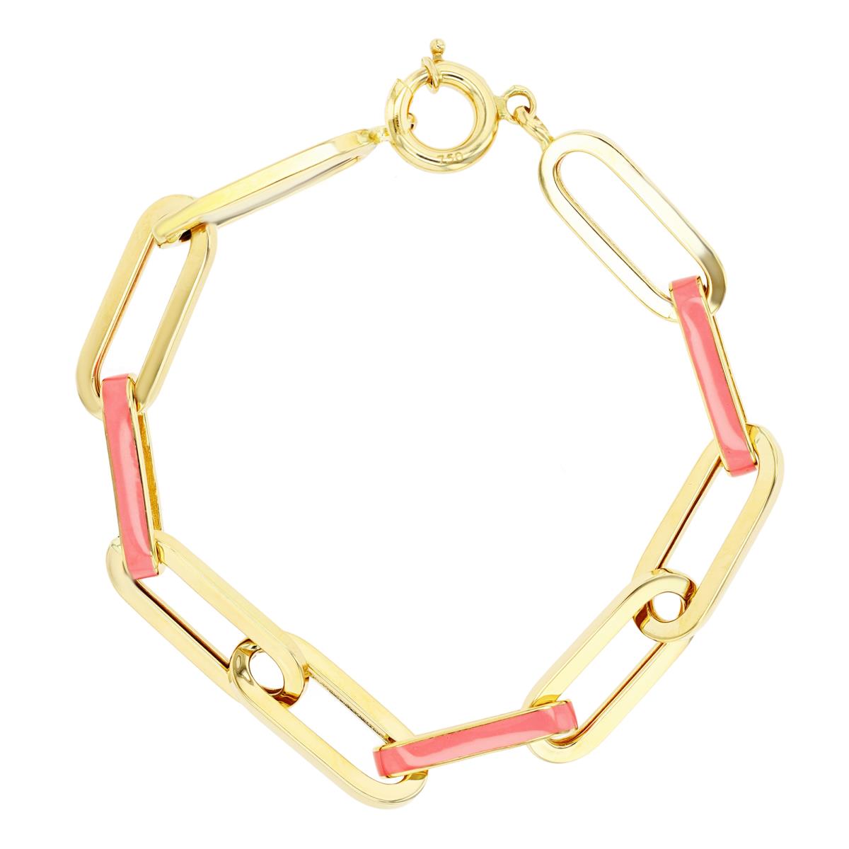 14K Yellow Gold Pink Enamel Paperclip 7.25" Chain Bracelet
