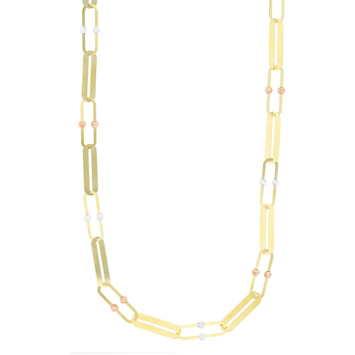 14K Tri-Color Gold DC Bead Paperclip 7.25" Chain Bracelet