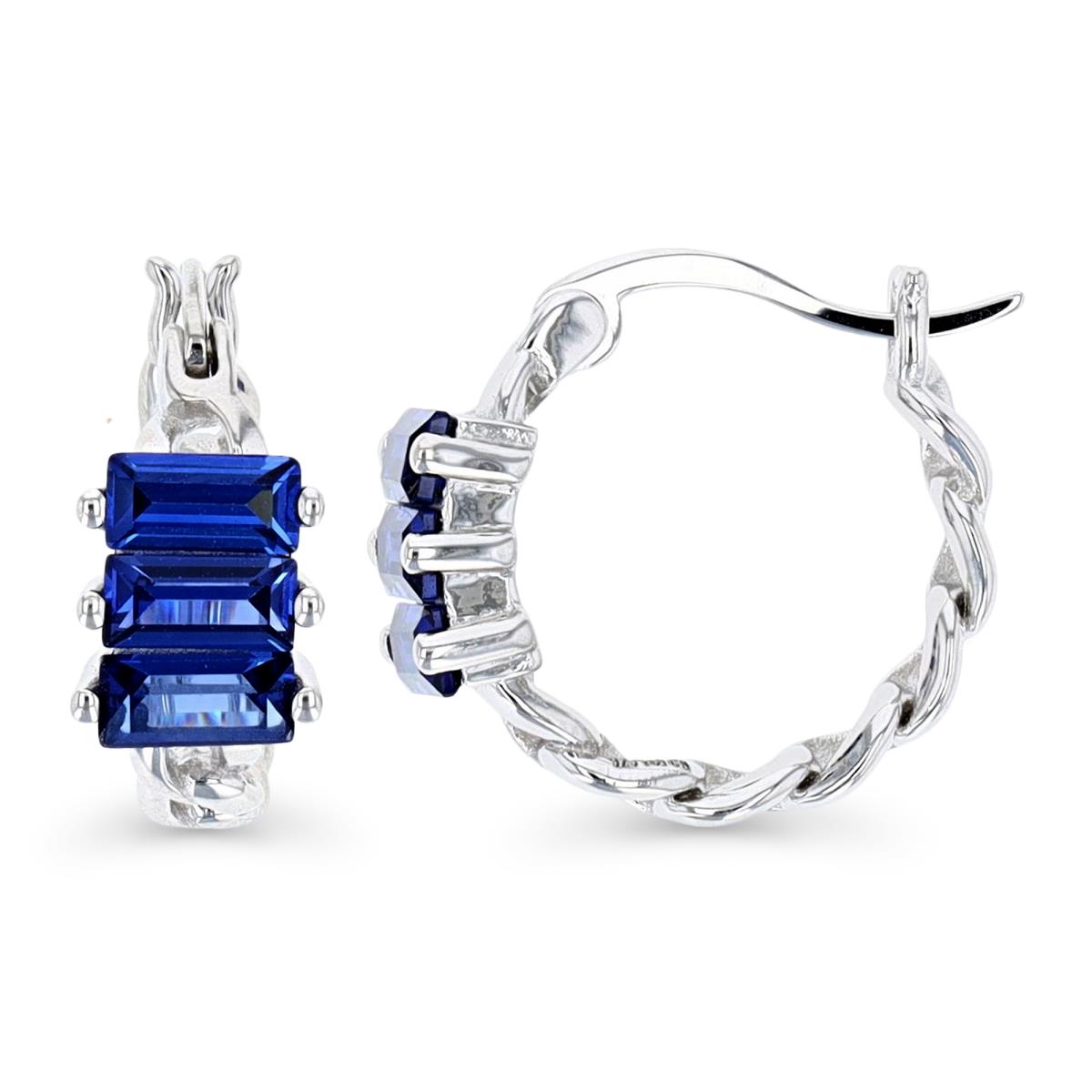 Sterling Silver Rhodium 15X6.4MM Chain Emerald Cut Blue CZ Hoop Earring