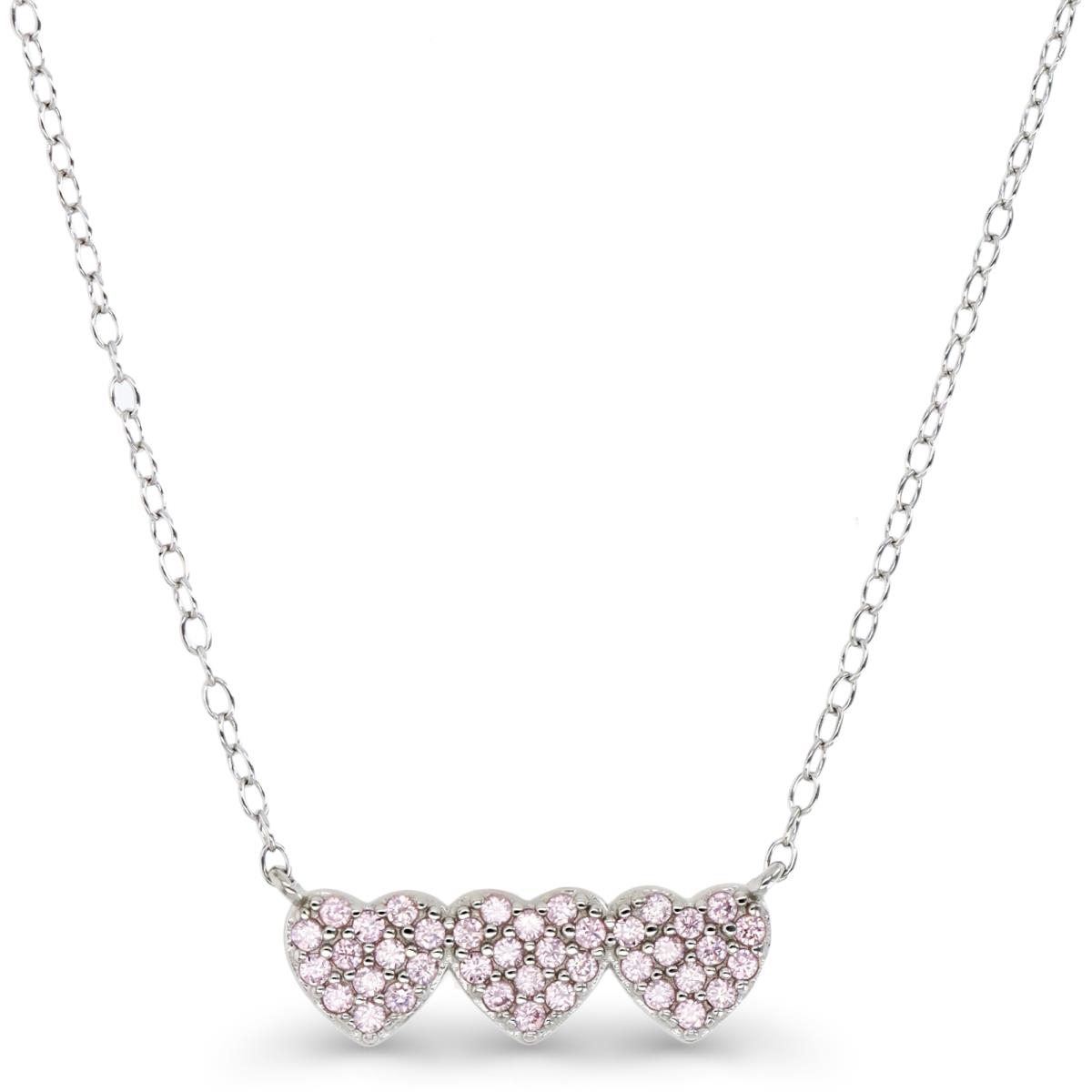 Sterling Silver Rhodium 19X6MM Trio Heart Microvave Pink CZ 16+2"Necklace