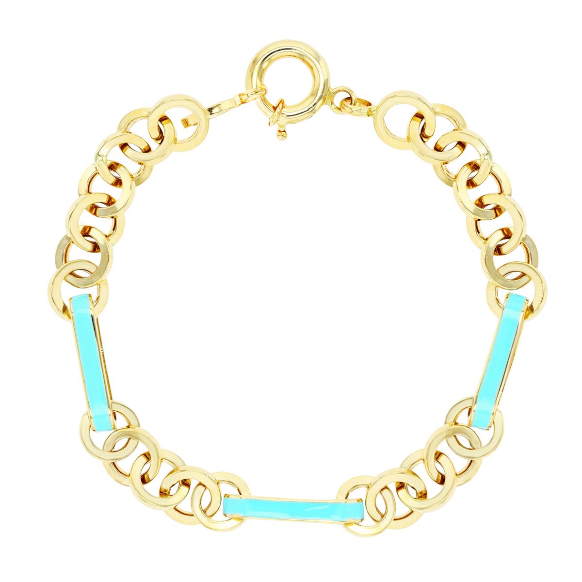 14K Yellow Gold Turquoise Enamel Oval & Circle Link 7.25" Bracelet