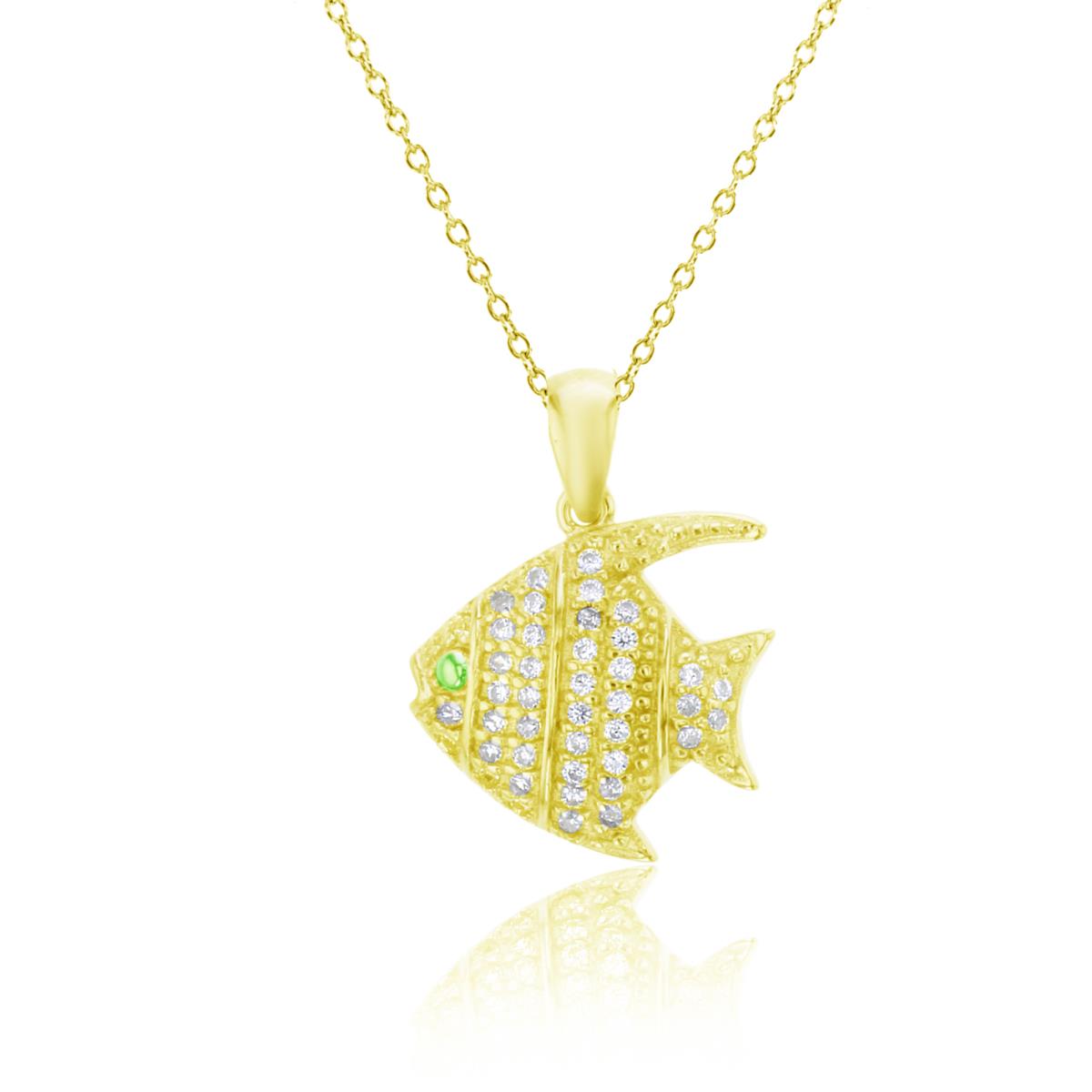 Sterling Silver Yellow Pave Fish in Ring DC Cable Chain Emerald & White Necklace