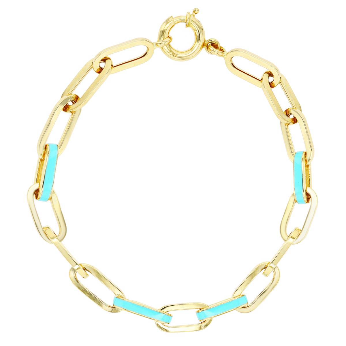14K Yellow Gold Enamel Turquoise Paperclip 7.25" Chain Bracelet