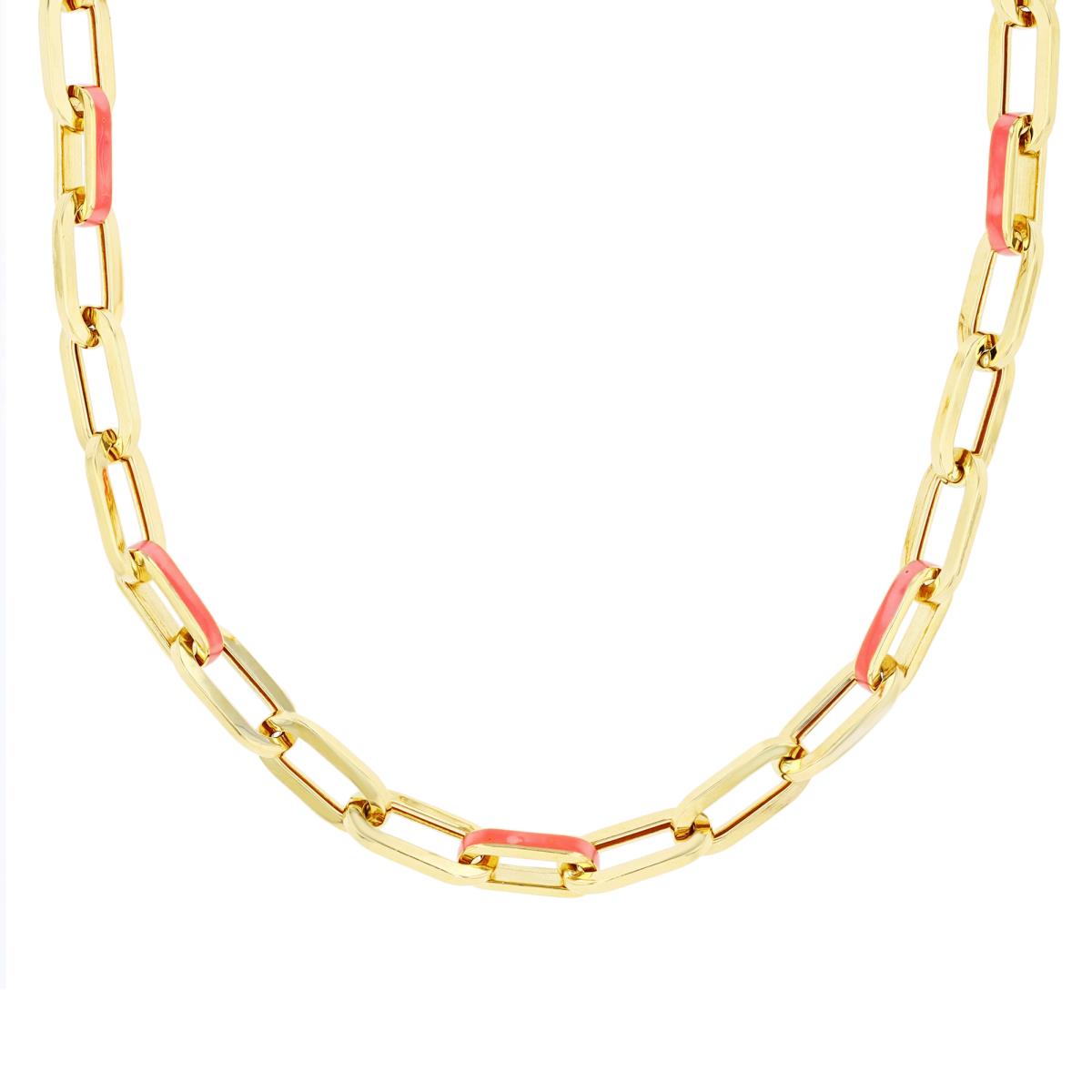 14K Yellow Gold Pink Enamel Paperclip 17" Chain Neclace