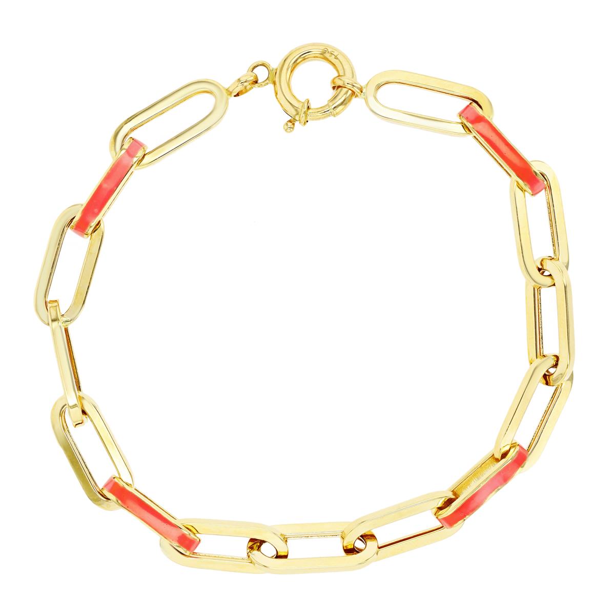 14K Yellow Gold Pink Enamel Paperclip 7.5" Chain Bracelet